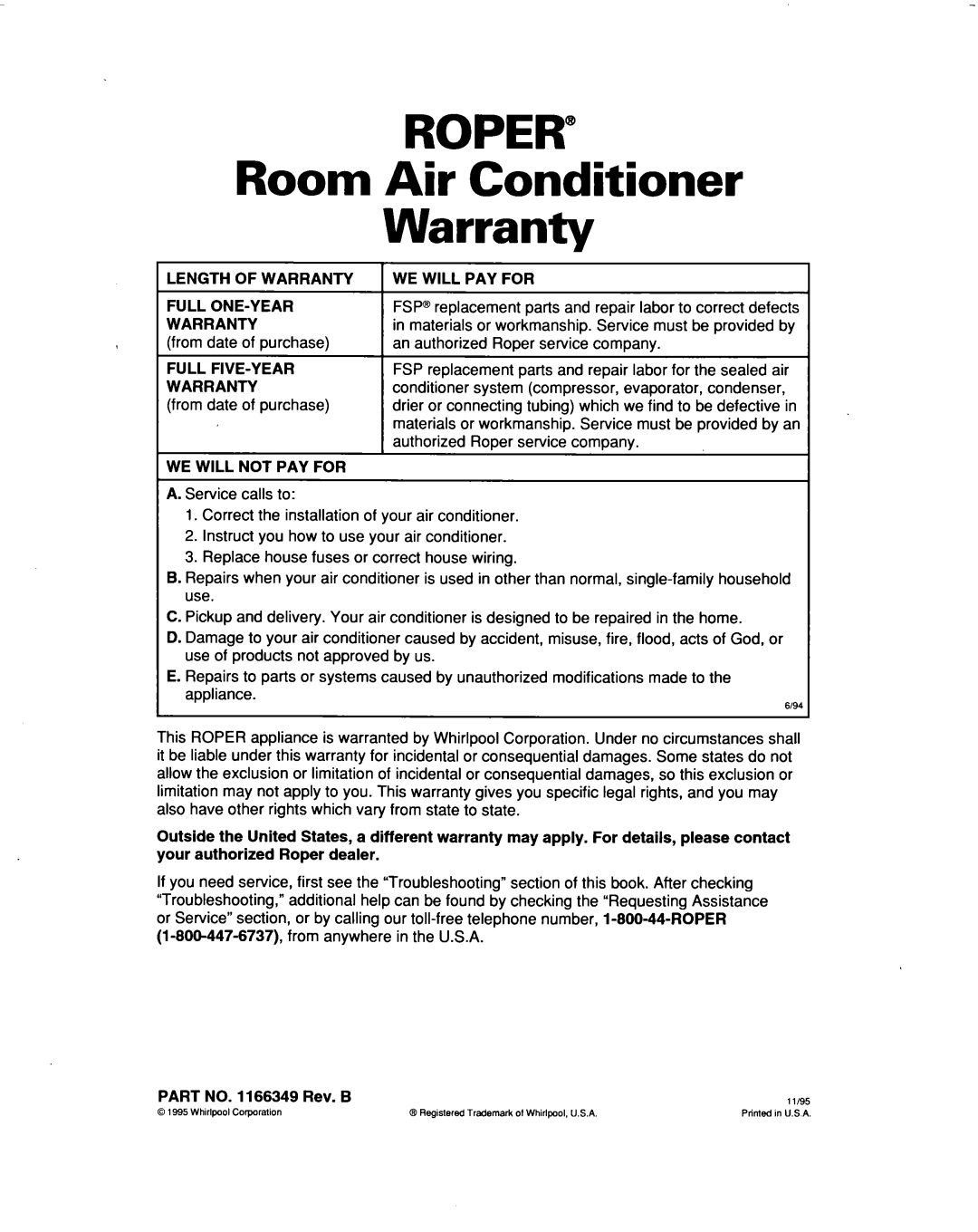 Roper Air Conditioner, 3, X10002DO, X12002DO warranty Roper, Room, Warranty 