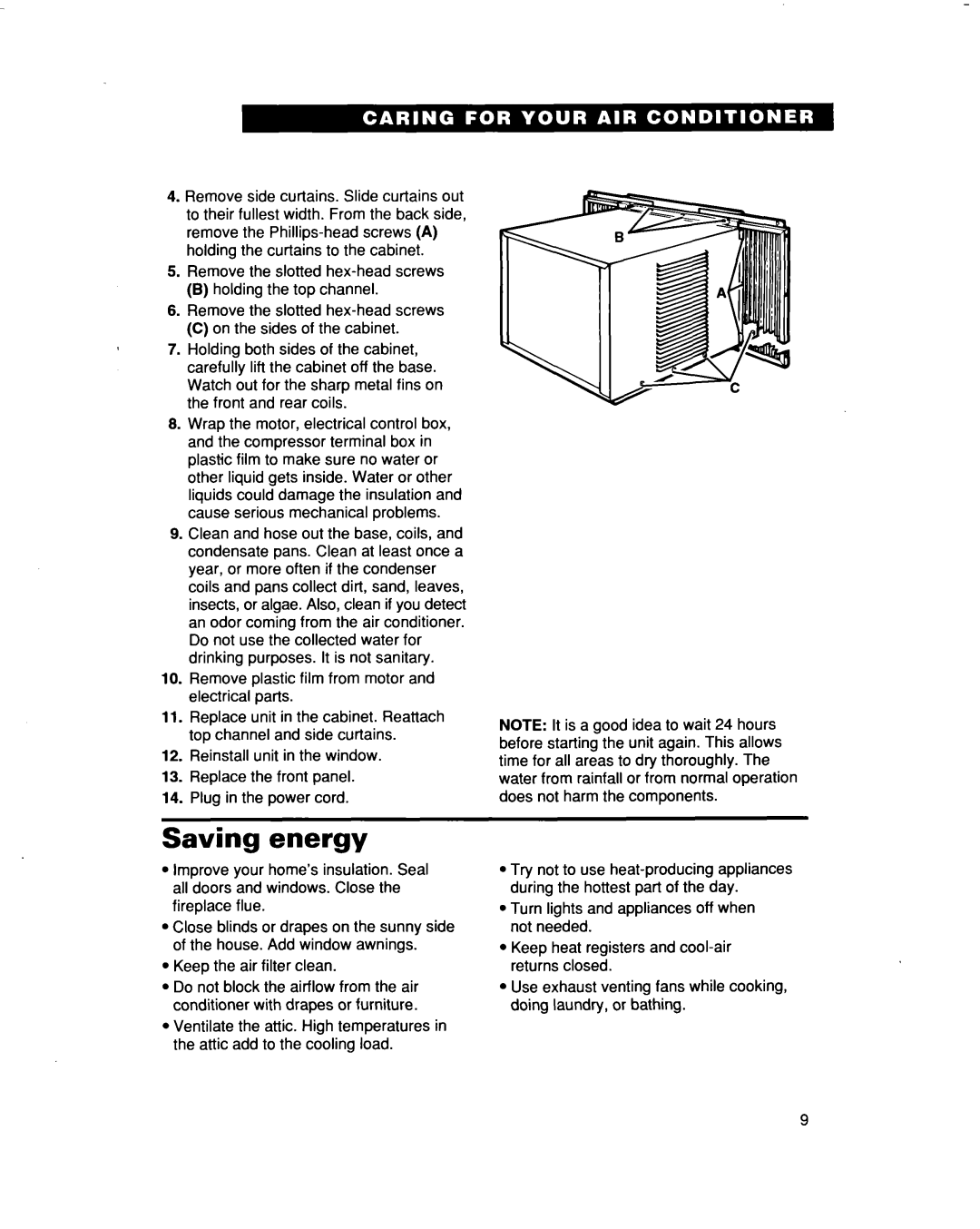 Roper Air Conditioner, 3, X10002DO, X12002DO warranty Saving energy 