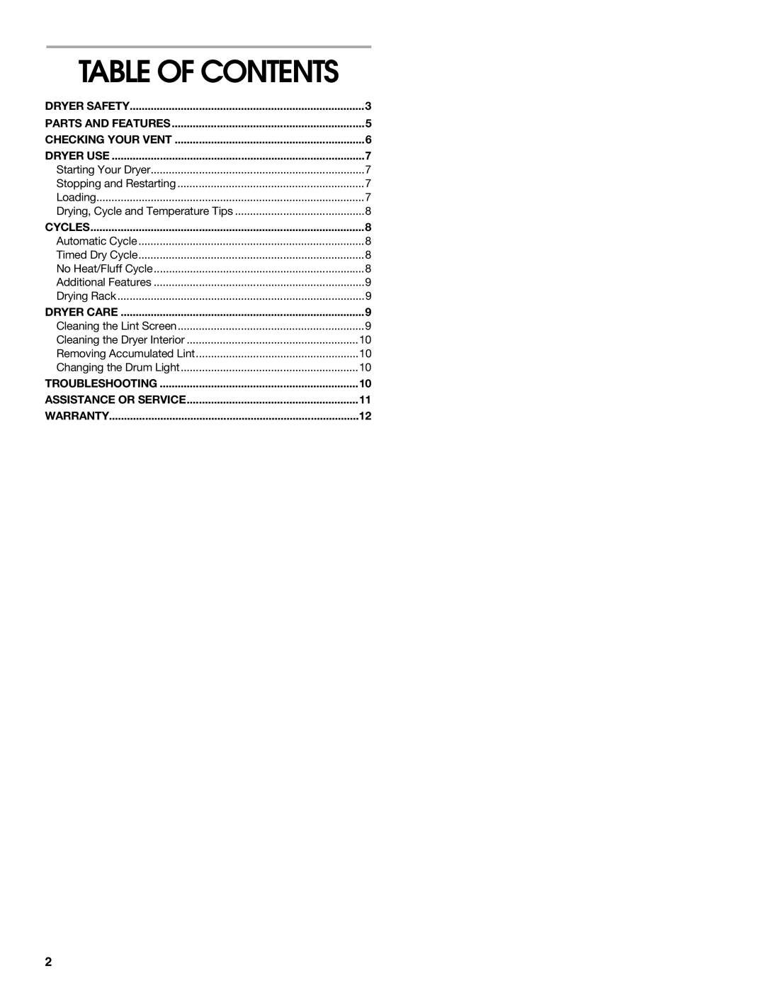 Roper 3405639A manual Table of Contents 