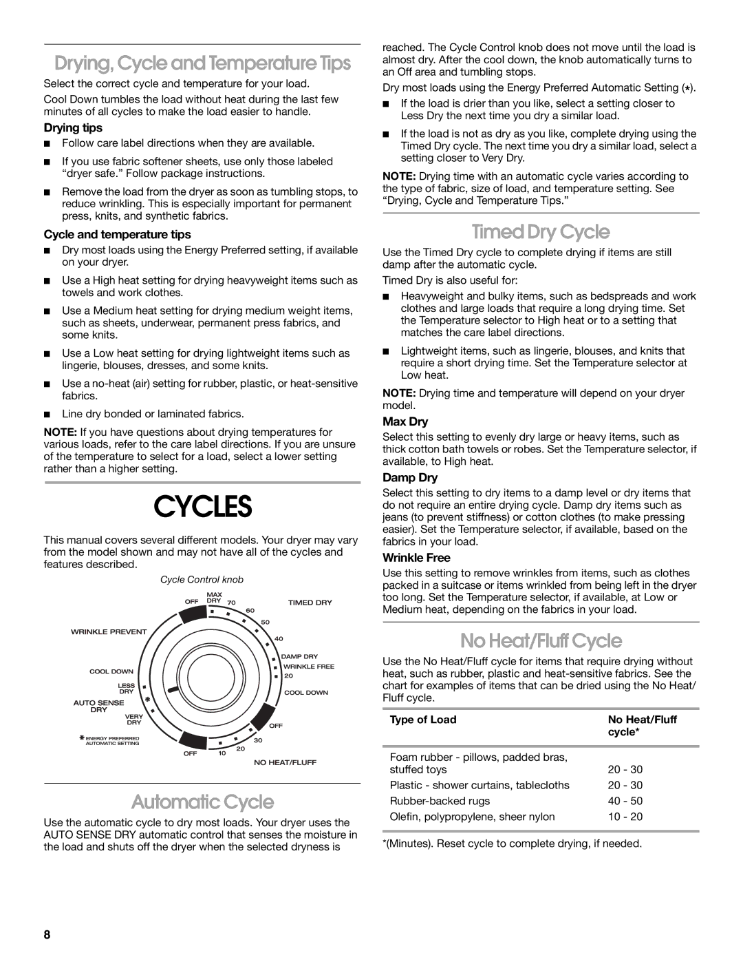 Roper 3405639A manual Cycles, Drying, Cycle and Temperature Tips, Automatic Cycle, Timed Dry Cycle, No Heat/Fluff Cycle 