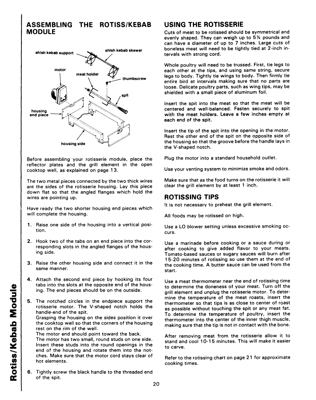 Roper 4347928 (333240-1) manual Assembling the Rotiswkebab Module, Using the Rotisserie, Rotissing Tips 