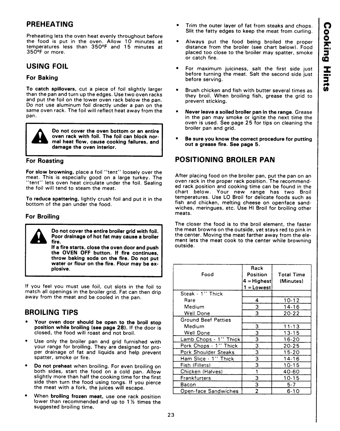 Roper 4347928 (333240-1) manual Preheating, Using Foil, Broiling Tips, Positioning Broiler PAN 