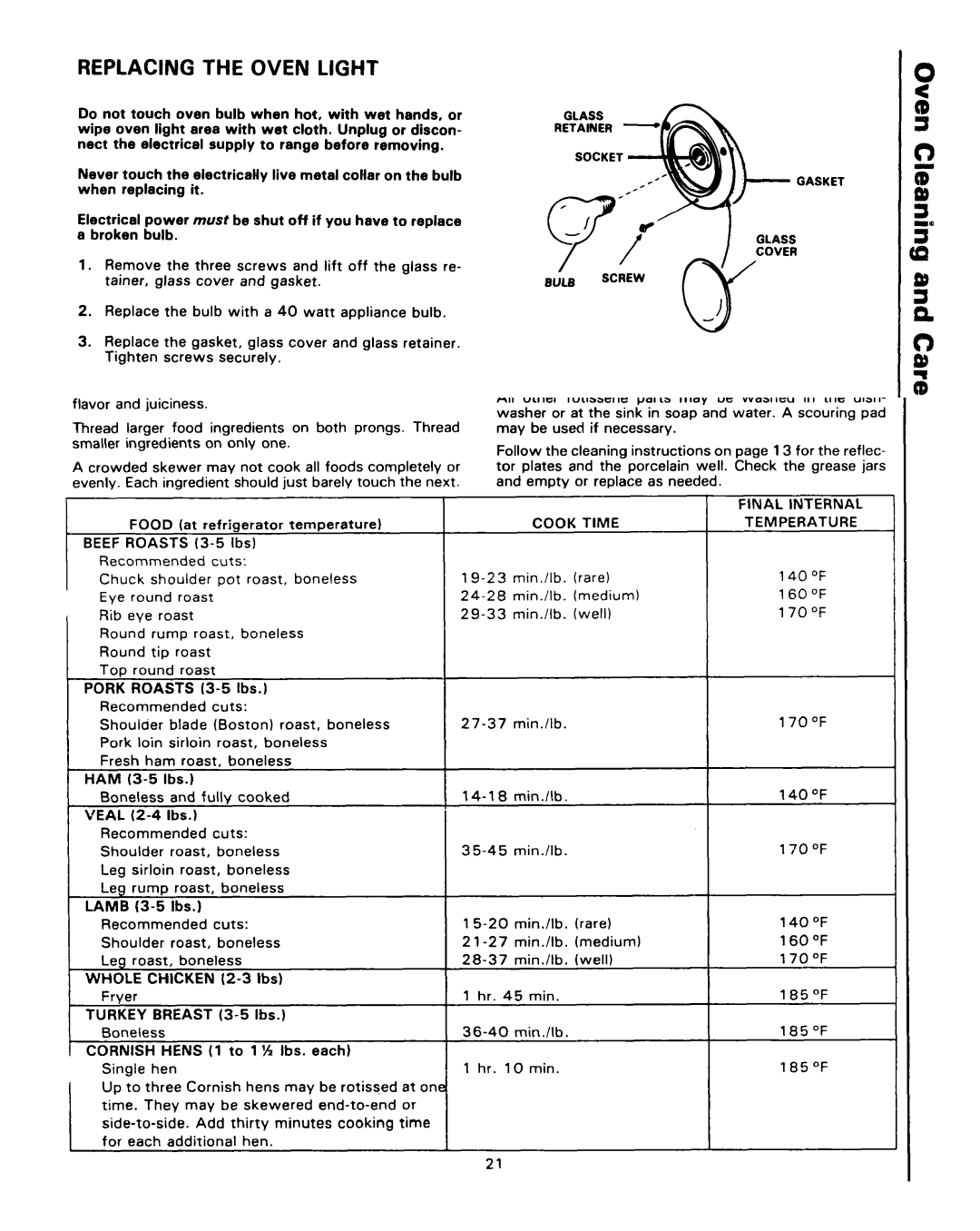 Roper 4347928 (333240-1) manual Replacing the Oven Light 