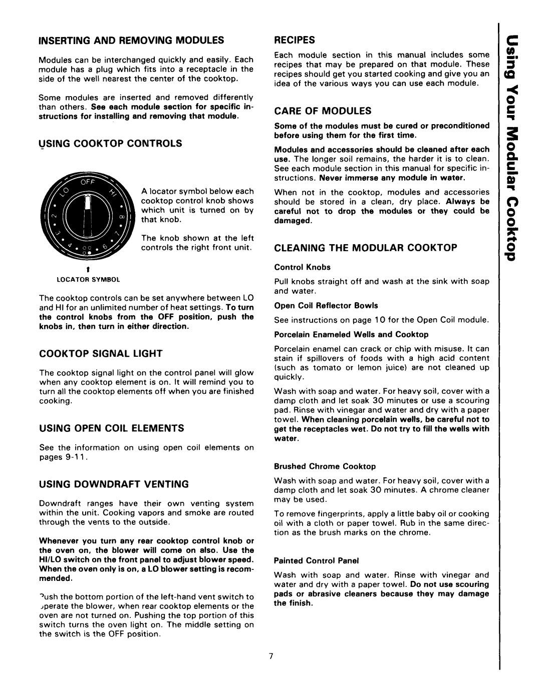 Roper 4347928 (333240-1) manual Inserting and Removing Modules, Using Cooktop Controls Recipes, Care of Modules 