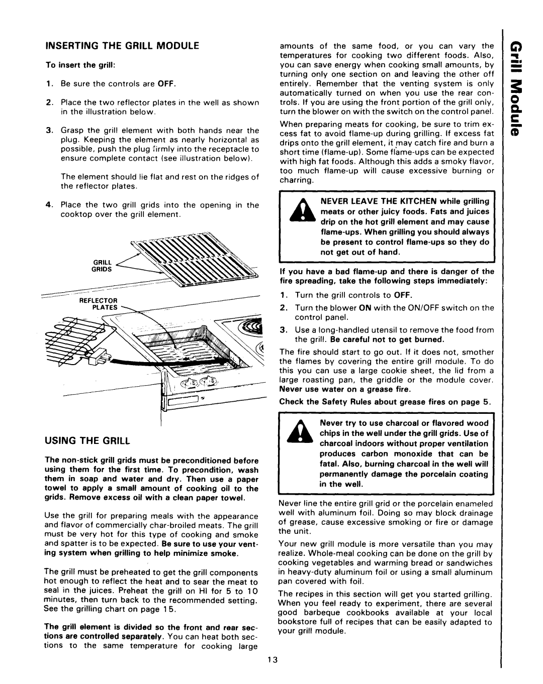 Roper 4347928 (333240-1) manual Inserting The Grill Module, Using The Grill 