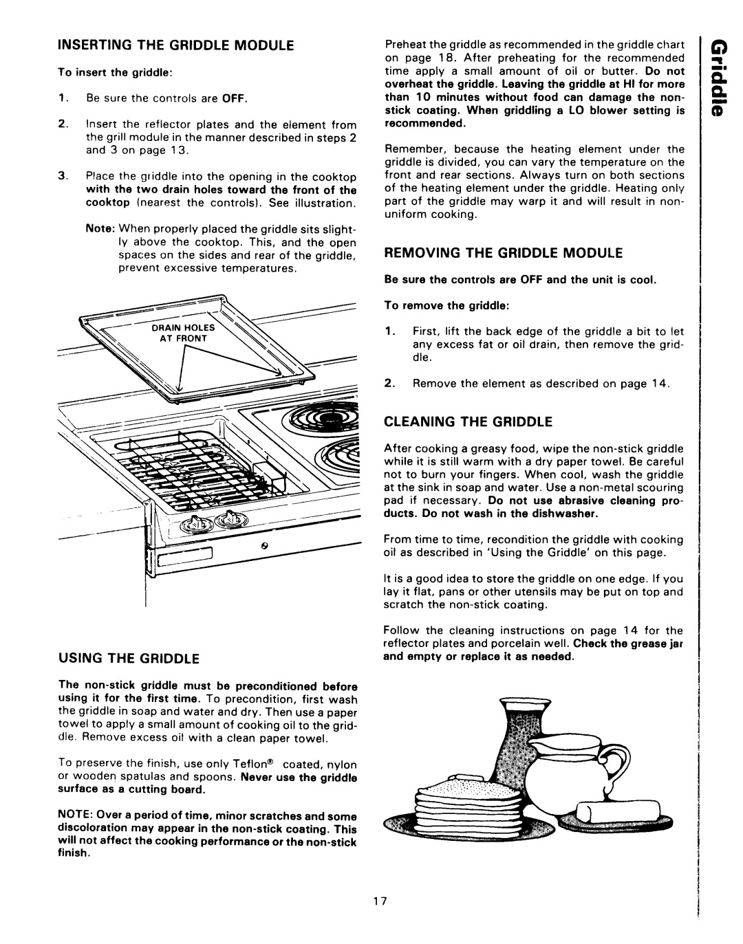 Roper 4347928 (333240-1) manual Inserting The Griddle Module, Removing The Griddle Module, Using The Griddle 