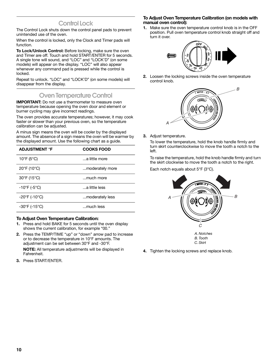 Roper 9761805 Control Lock, Oven Temperature Control, To Adjust Oven Temperature Calibration, Adjustment F Cooks Food 