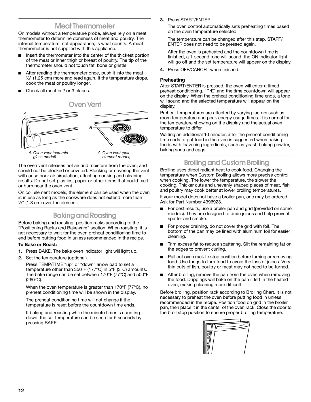 Roper 9761805 manual Meat Thermometer, Oven Vent, Baking and Roasting, Broiling and Custom Broiling, Preheating 