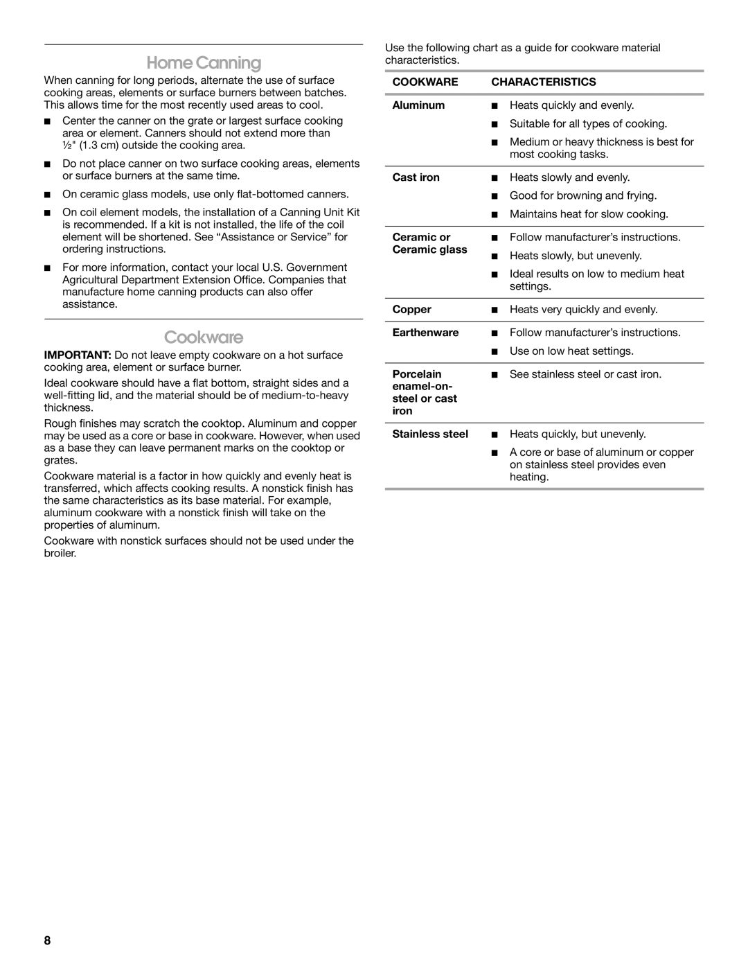 Roper 9761805 manual Home Canning, Cookware Characteristics 