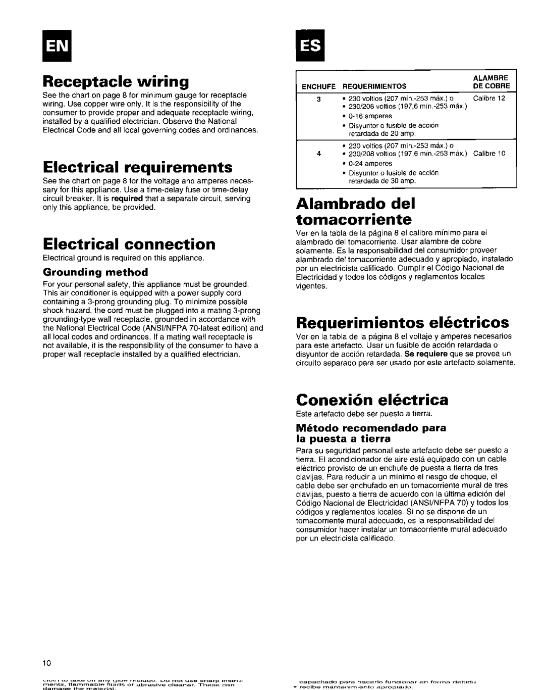 Roper Air Conditioner manual Receptacle wiring, Electrical requirements, Electrical connection, Alambrado del tomacorriente 