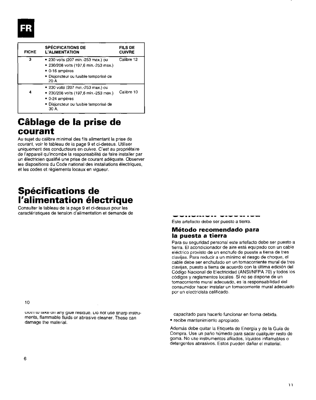 Roper Air Conditioner manual Cdblage de la prise de courant, Spkif ications de ’alimentation klectrique 