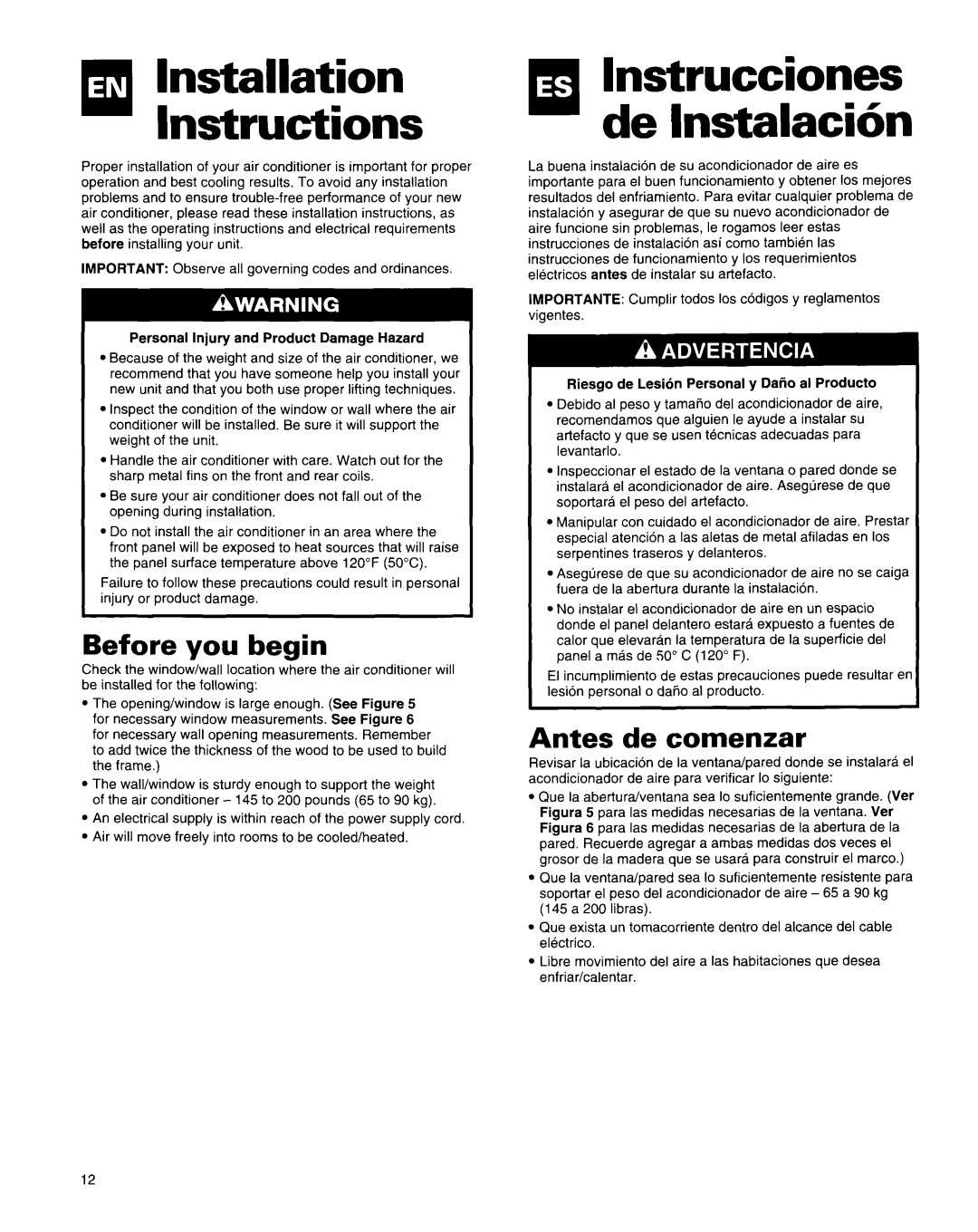 Roper Air Conditioner manual Installation Instructions, Before you begin, Antes de comenzar 