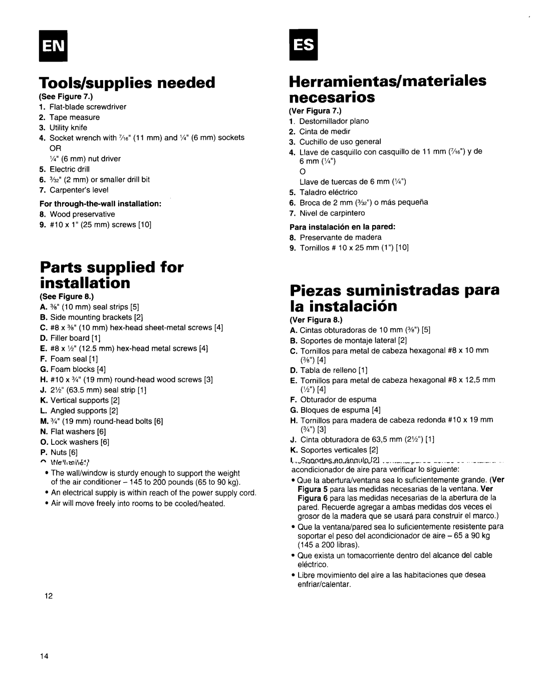 Roper Air Conditioner Tools/supplies needed, Parts supplied for installation, Piezas suministradas para la instalacibn 