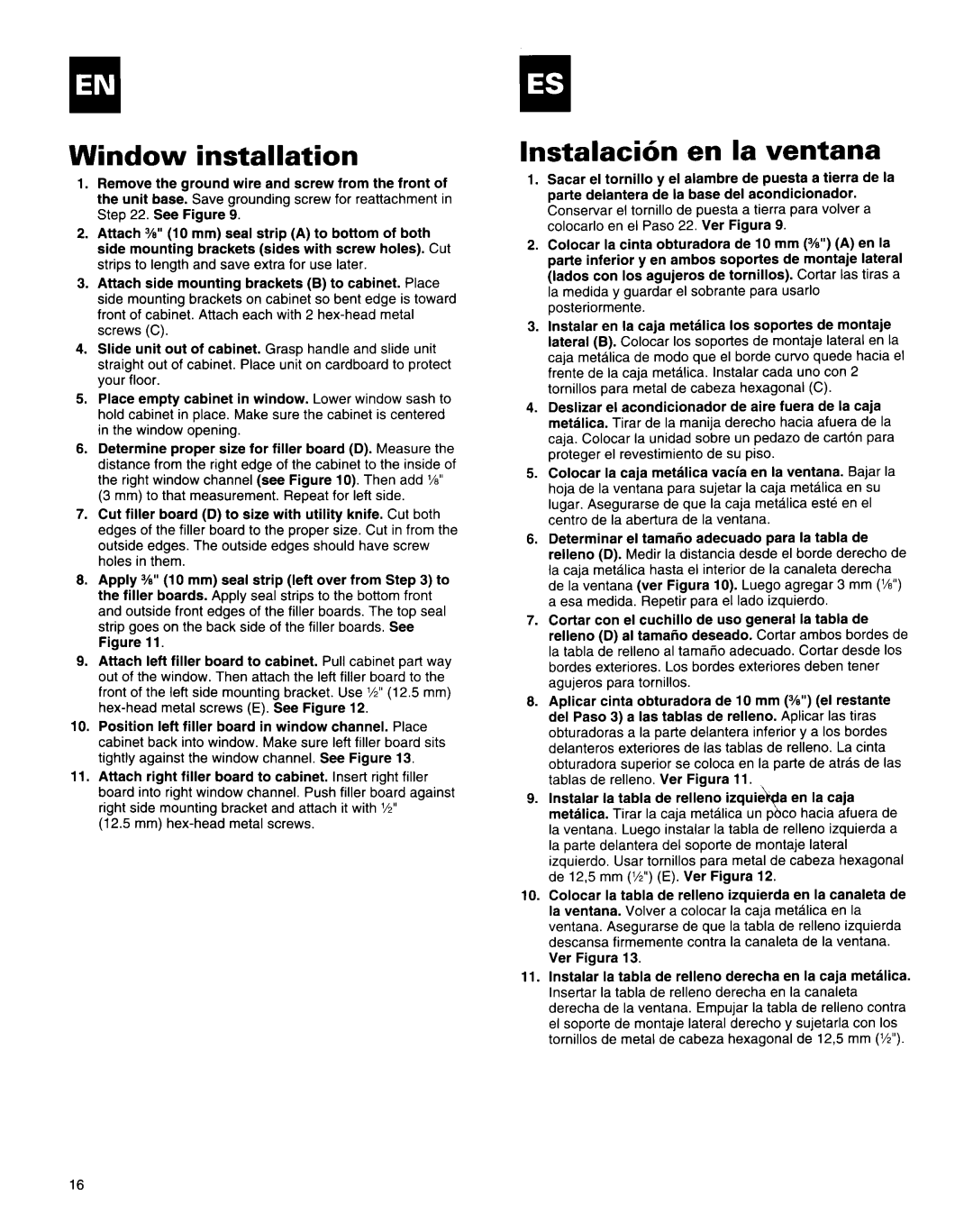 Roper Air Conditioner manual Window installation, Instalacibn en la ventana 