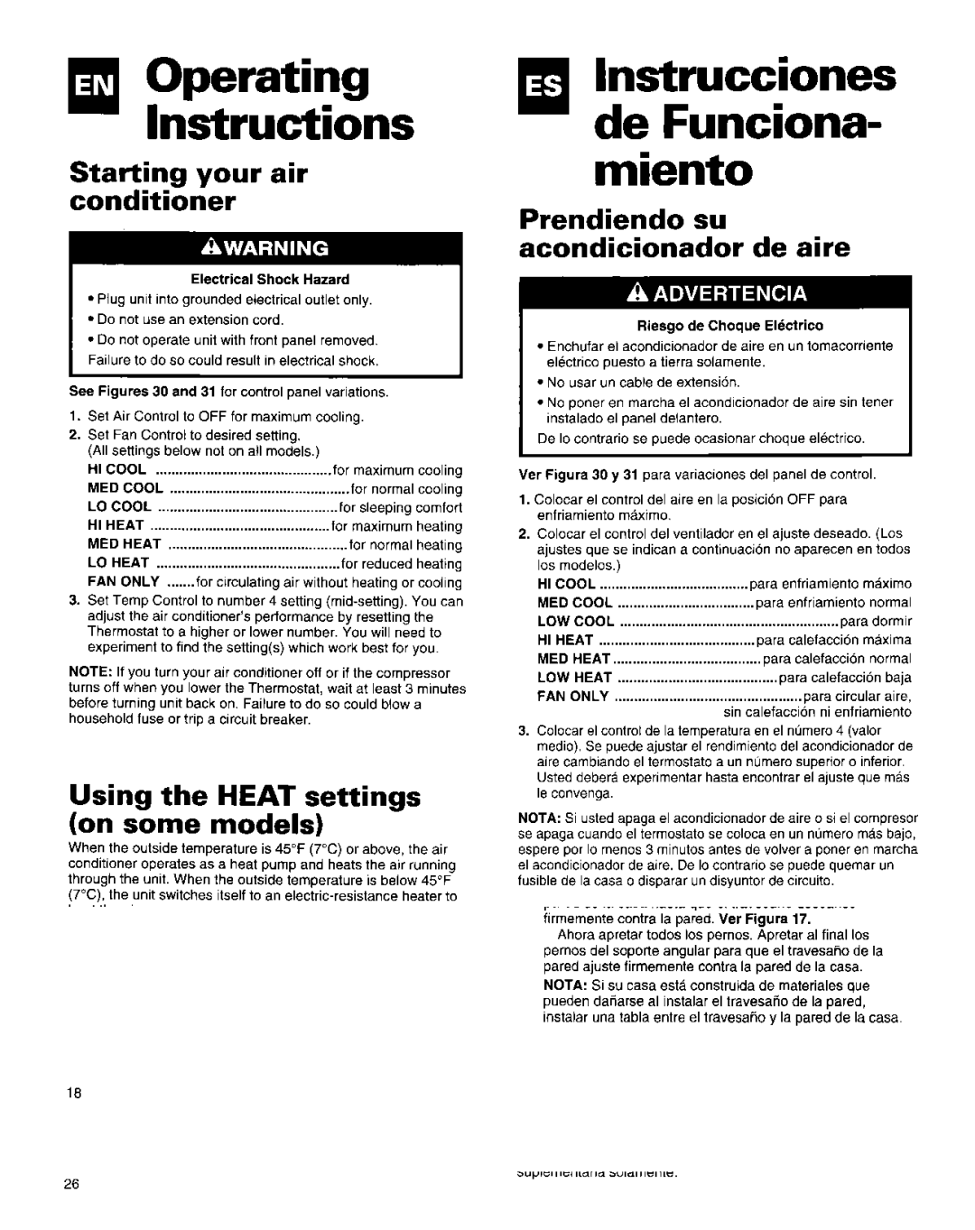 Roper Air Conditioner manual Starting your air conditioner, Using the Heat settings on some models 