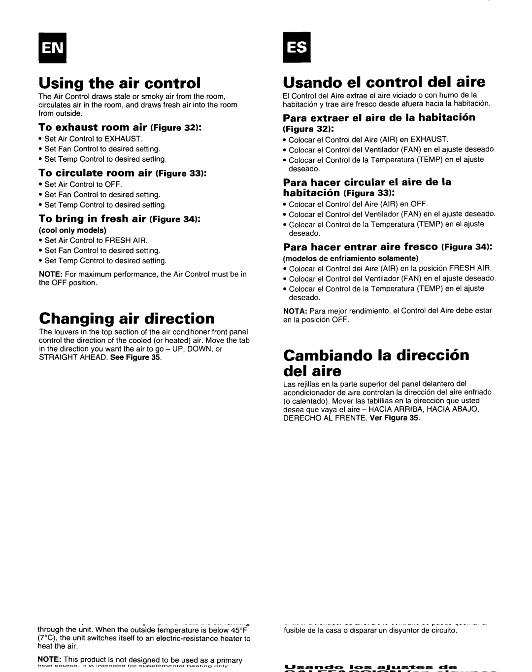 Roper Air Conditioner manual Using the air control, Changing air direction, Usando el control del aire 