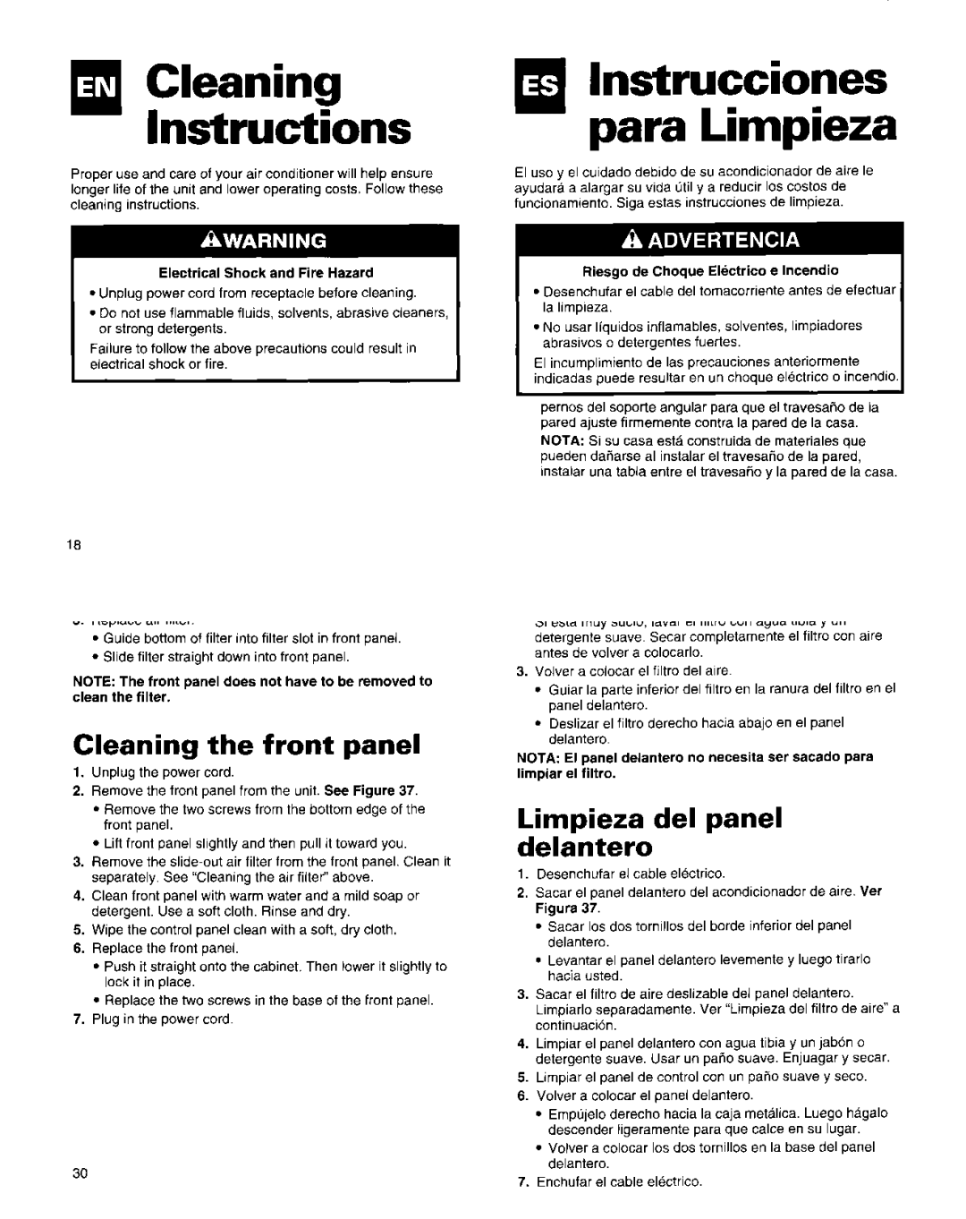 Roper Air Conditioner manual Cleaning the air filter, Cleaning the front panel, Limpieza del filtro de aire 