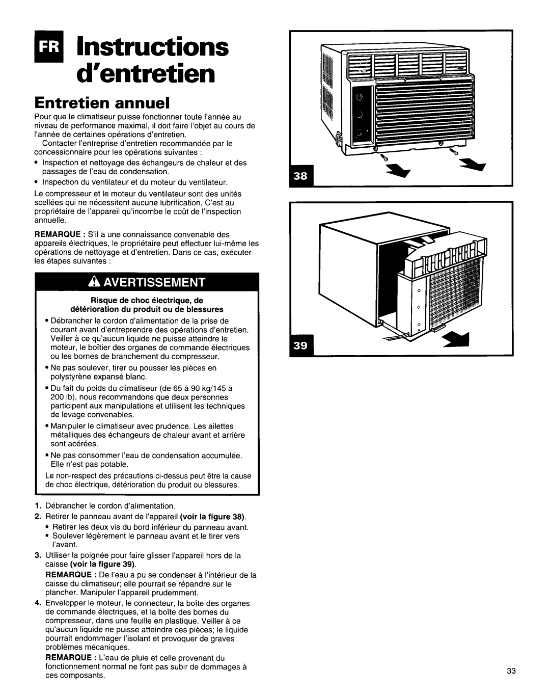 Roper Air Conditioner manual QlInstructions d’entretien, Entretien annuel 