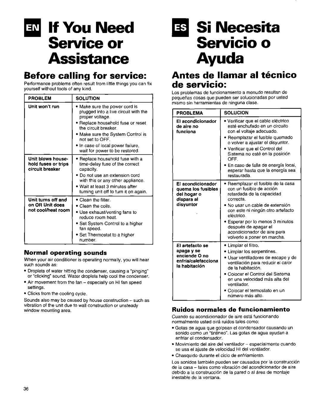 Roper Air Conditioner manual If You Need Service or Assistance, Si Necesita Servicio Ayuda, Before calling for service 