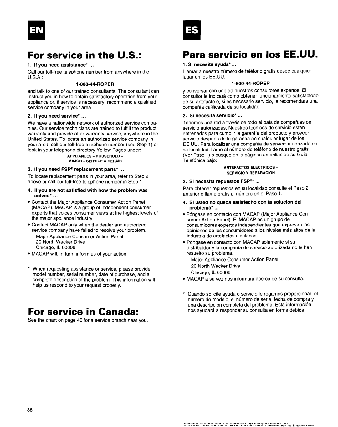 Roper Air Conditioner manual For service in the U.S, For service in Canada, Para servicio en 10s Eeaju 