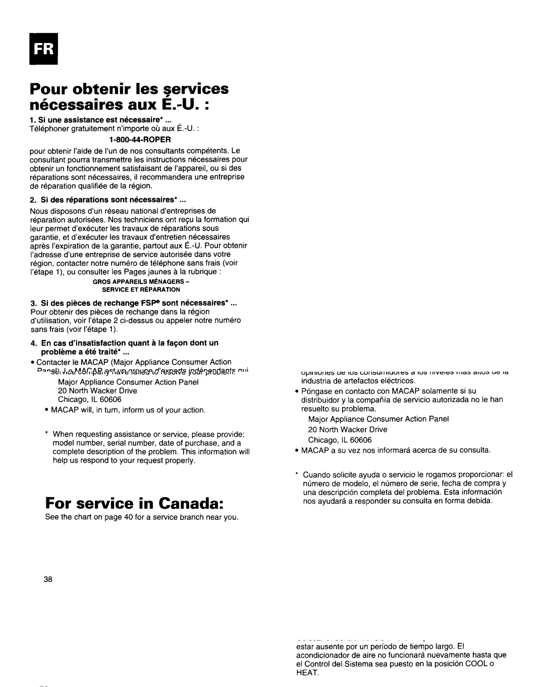 Roper Air Conditioner manual Pour obtenir les services nhcessaires aux LU, Pour le service au Canada 