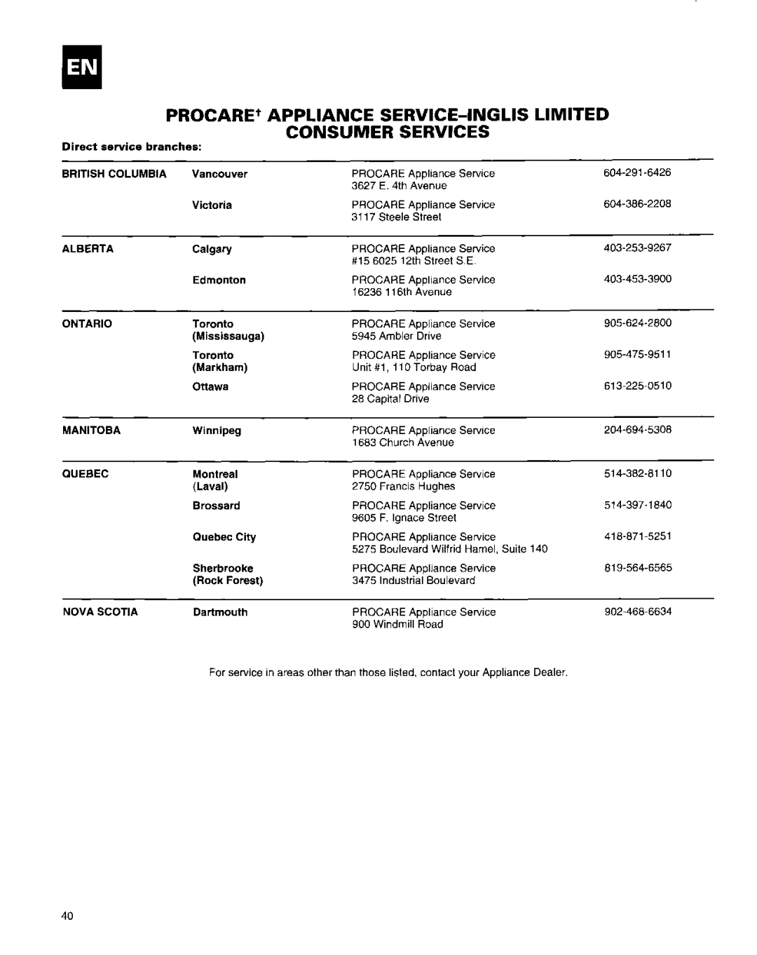 Roper Air Conditioner manual Columbia, Alberta, Ontario, Manitoba, Quebec, Procare, Nova Scotia 