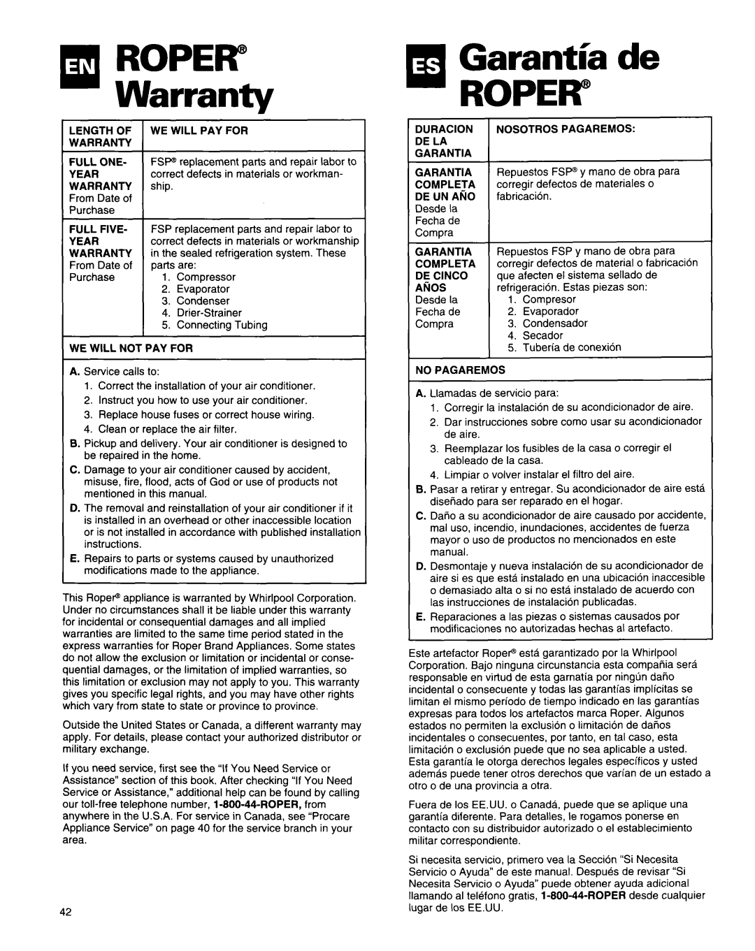 Roper Air Conditioner manual HIWarrantyROPER 