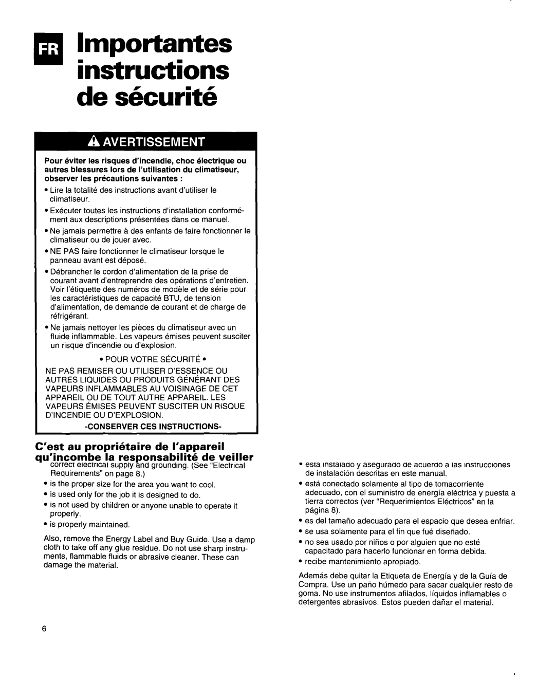 Roper Air Conditioner manual QlImportantesinstructions de skurit6, Conserver CES Instructions 