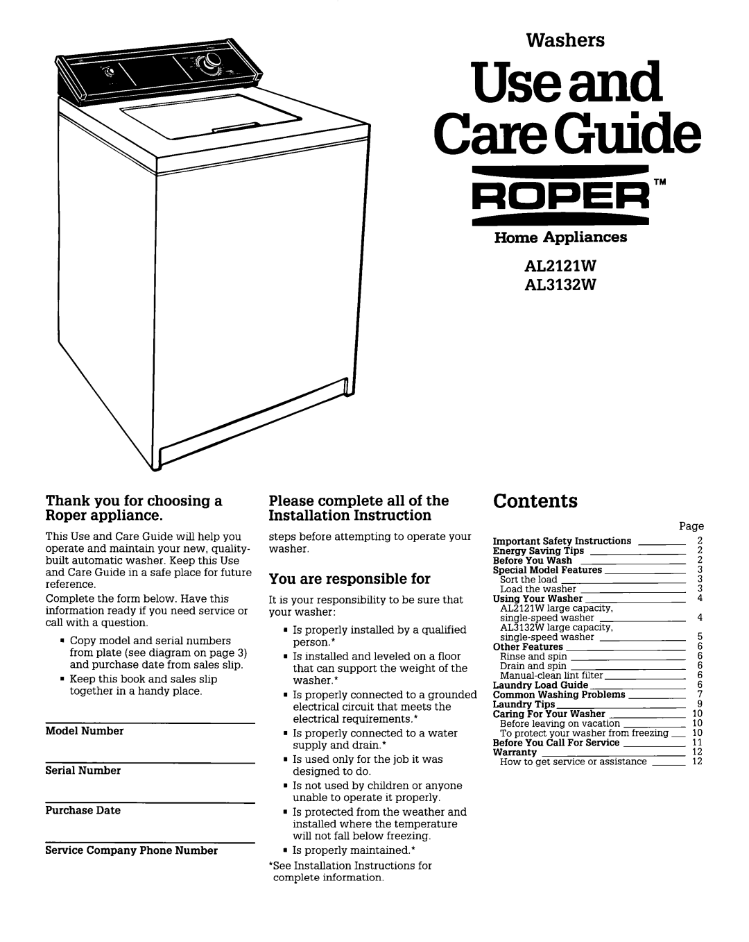 Roper AL2121W, AL3132W installation instructions Useand CareGuide, Washers 