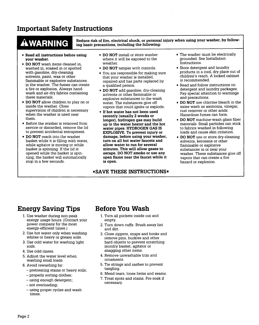 Roper AL3132W, AL2121W installation instructions Important Safety Instructions, Energy Saving Tips, Before You Wash 