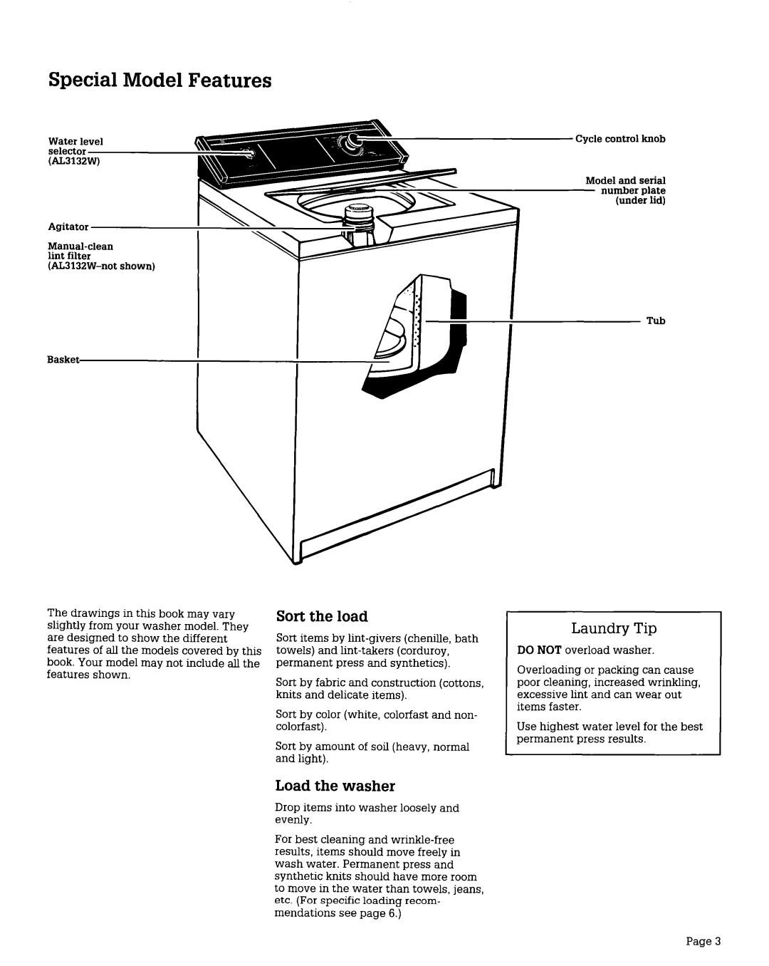 Roper AL2121W, AL3132W installation instructions Special Model Features, Sort the load, Load the washer, Laundry Tip 