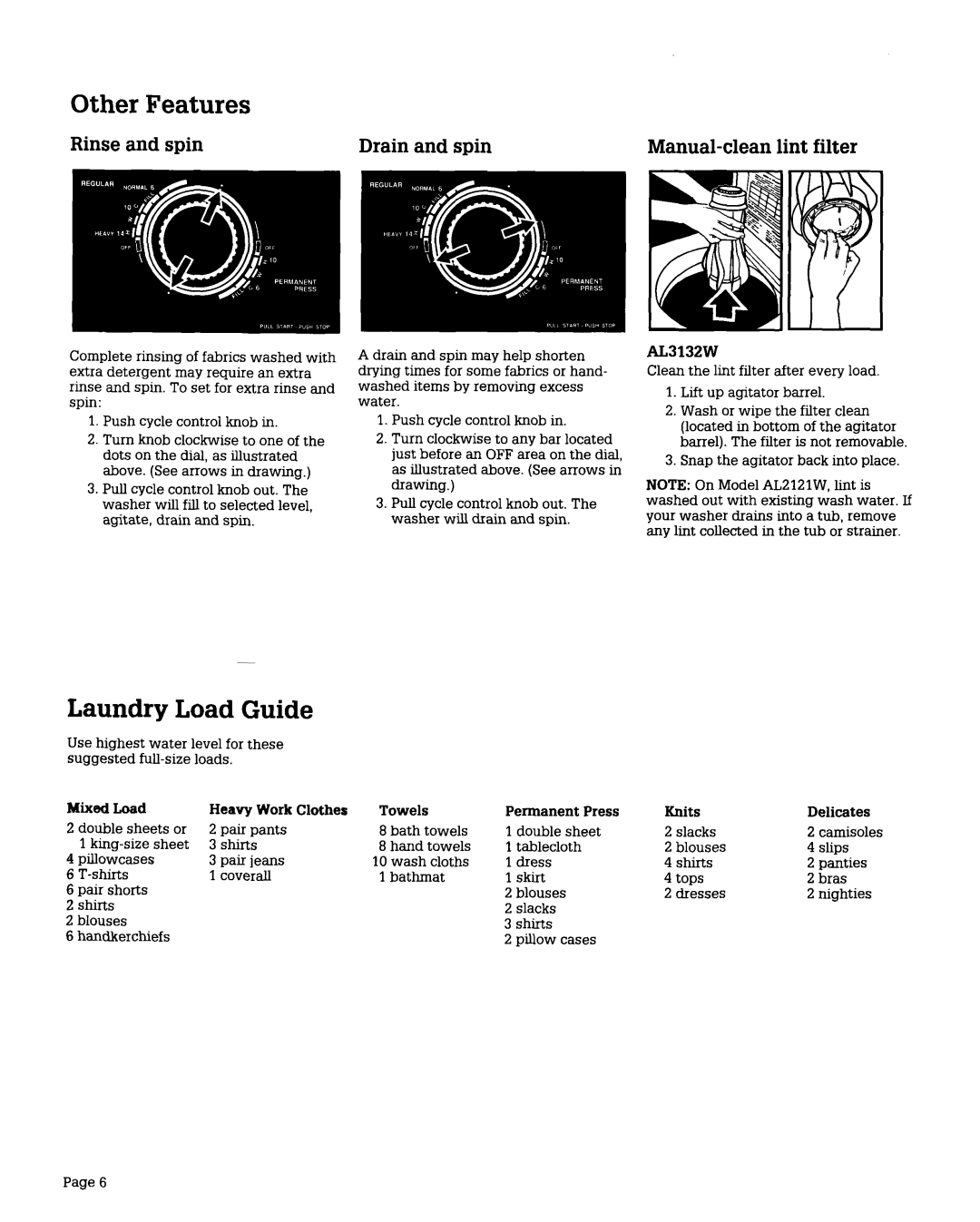 Roper AL3132W, AL2121W installation instructions Other Features, Laundry Load Guide, Rinse and spin Drain and spin 