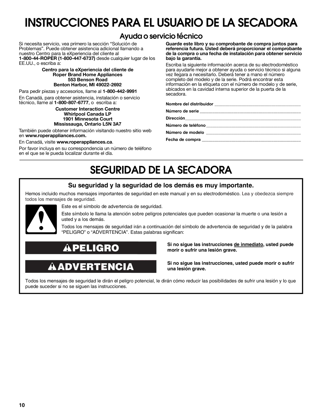 Roper Clothes Dryer warranty Instrucciones Para EL Usuario DE LA Secadora, Seguridad DE LA Secadora 