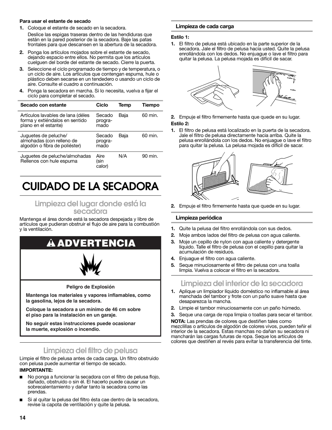 Roper Clothes Dryer Limpieza del lugar donde está la Secadora, Limpieza del filtro de pelusa, Limpieza de cada carga 