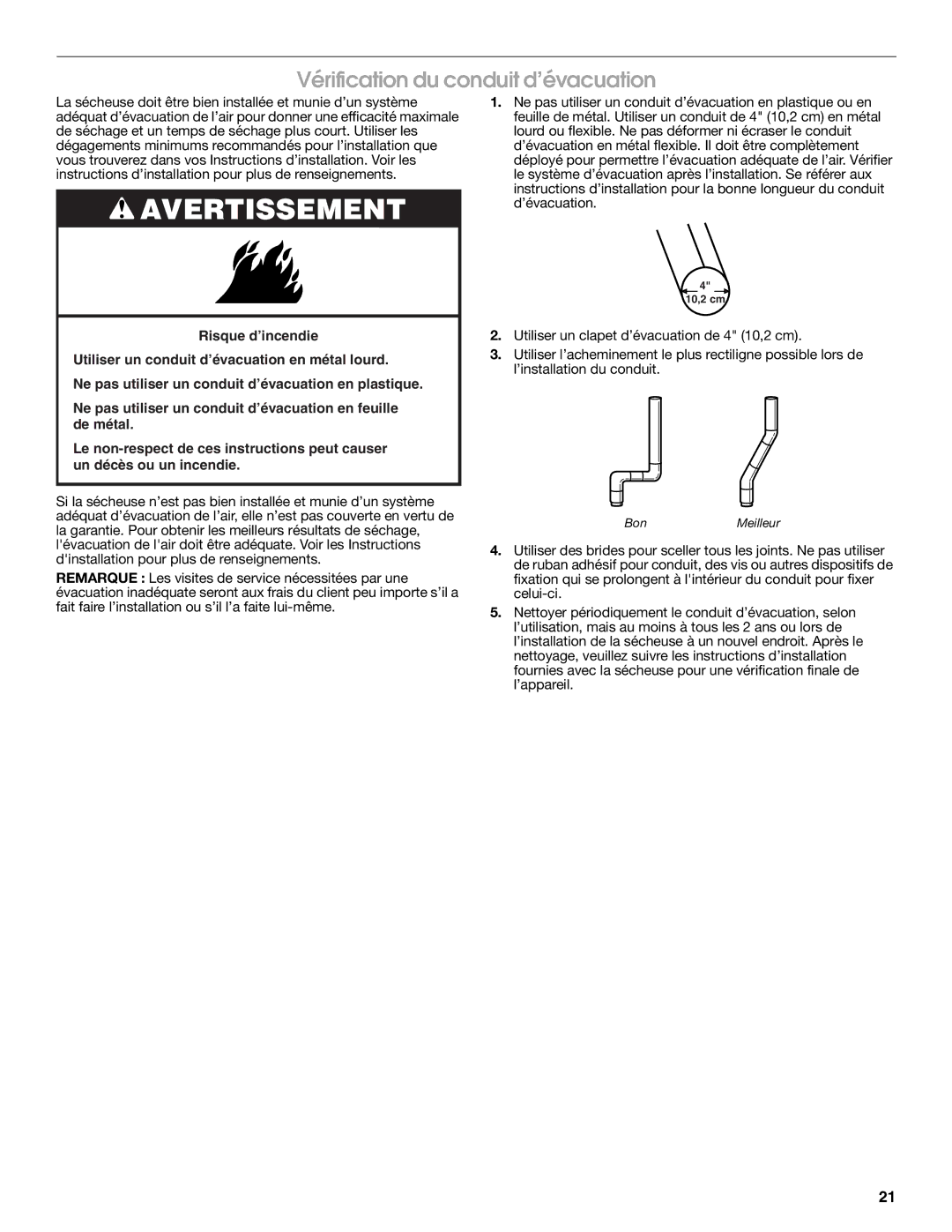 Roper Clothes Dryer Vérification du conduit d’évacuation, La sécheuse doit être bien installée et munie d’un système 