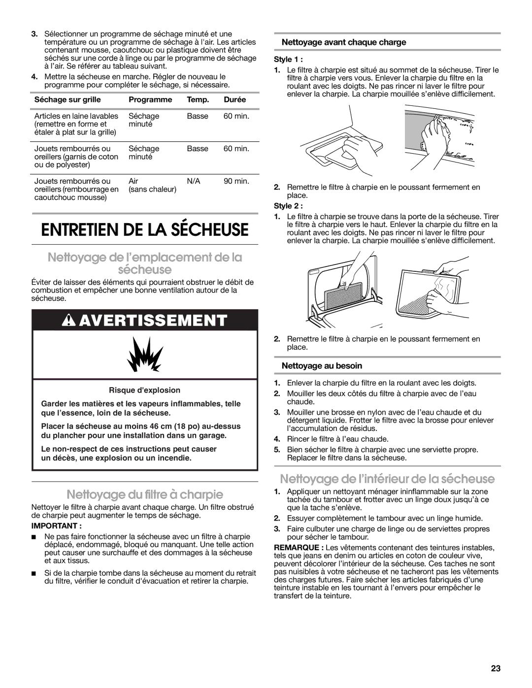 Roper Clothes Dryer warranty Nettoyage de l’emplacement de la Sécheuse, Nettoyage du filtre à charpie, Nettoyage au besoin 