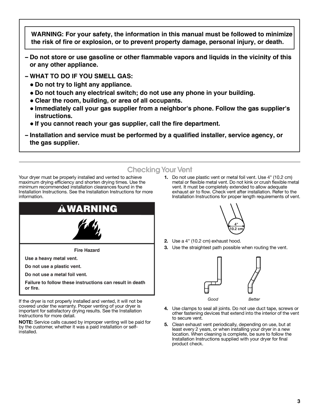 Roper Clothes Dryer warranty Checking Your Vent, What to do if YOU Smell GAS 