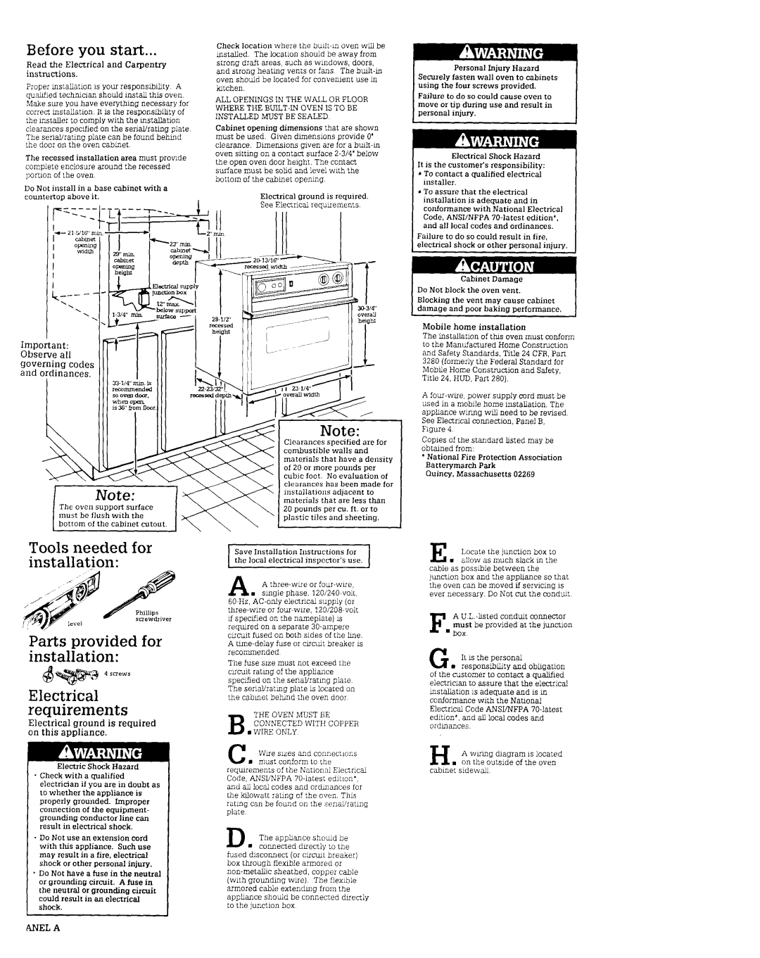 Roper Convection Oven installation instructions Start, Electrical requirements, 1f‘, Mobile home installation 