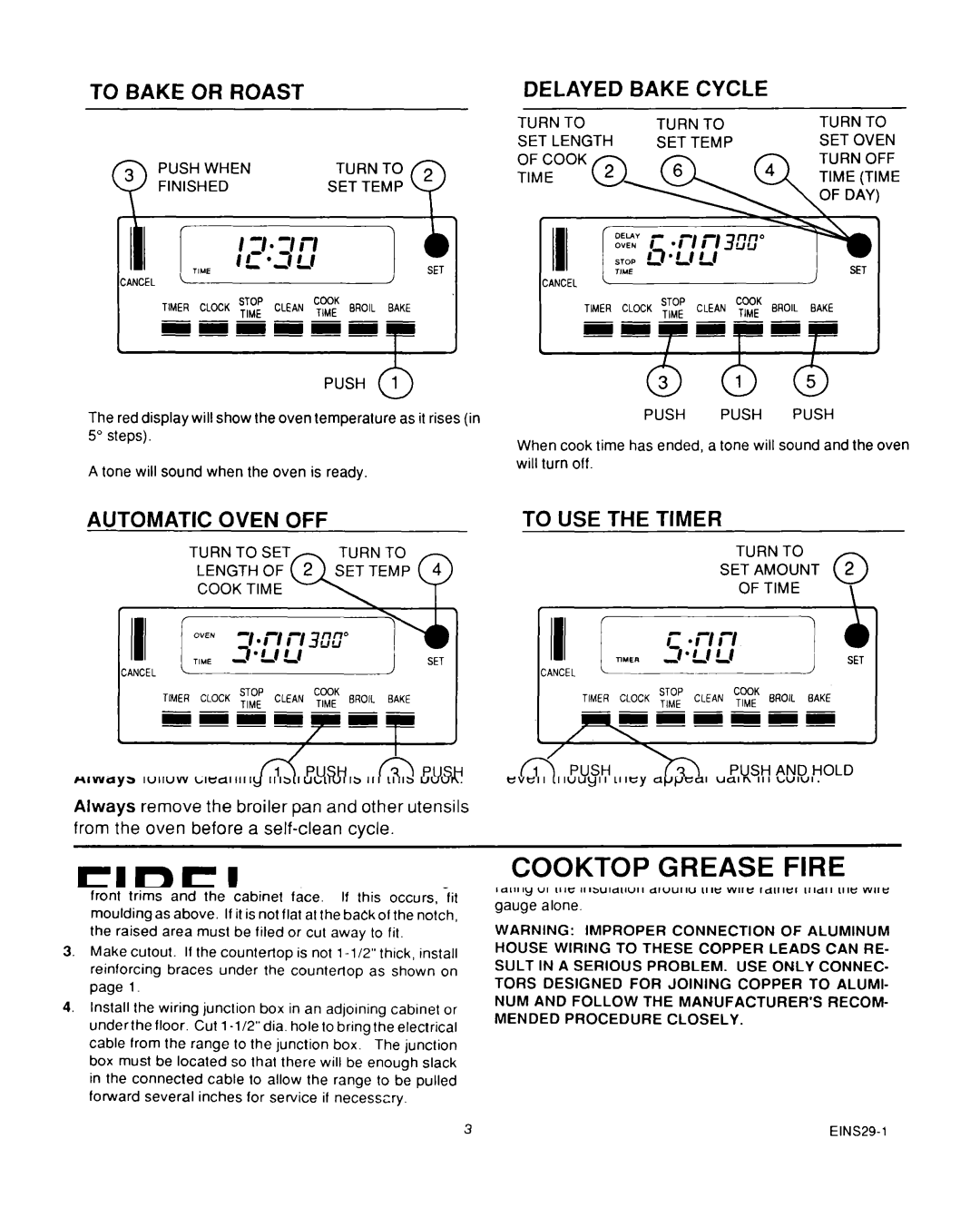 Roper D975 To Bake or Roast, Delayed Bake Cycle, Automatic Oven OFF, To USE the Timer, Incomplete or Incorrect Settings 