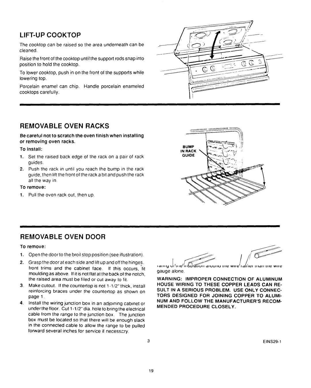 Roper D975 owner manual LIFT-UP Cooktop, Removable Oven Racks, Removable Oven Door, Stop Position 