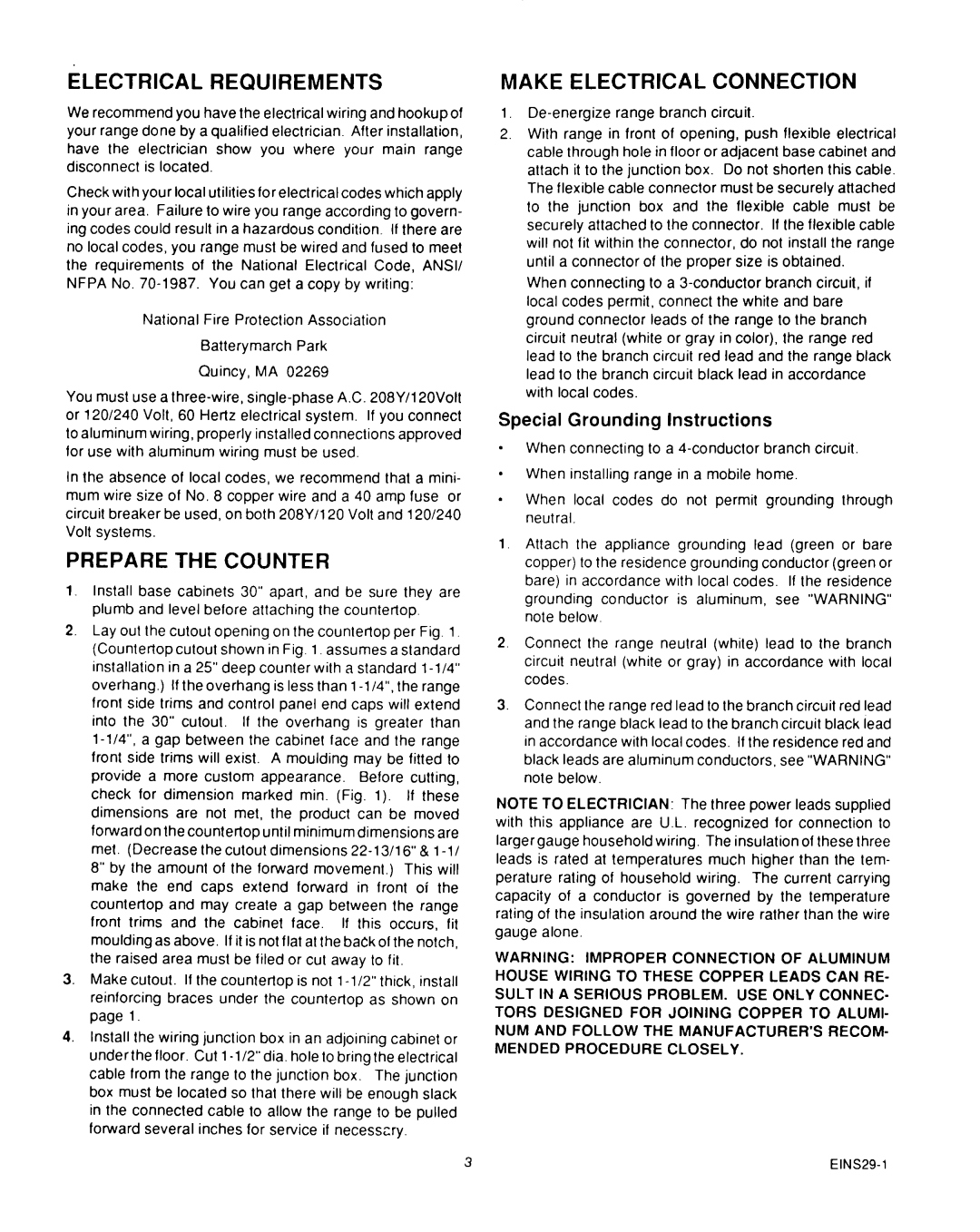 Roper D975 owner manual Electrical Requirements, Prepare the Counter, Make Electrical Connection 