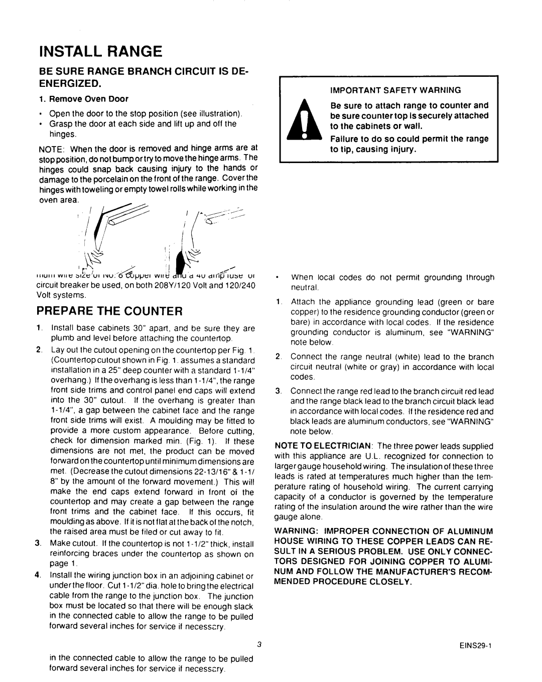 Roper D975 owner manual Install Range, Important Safety Warning 