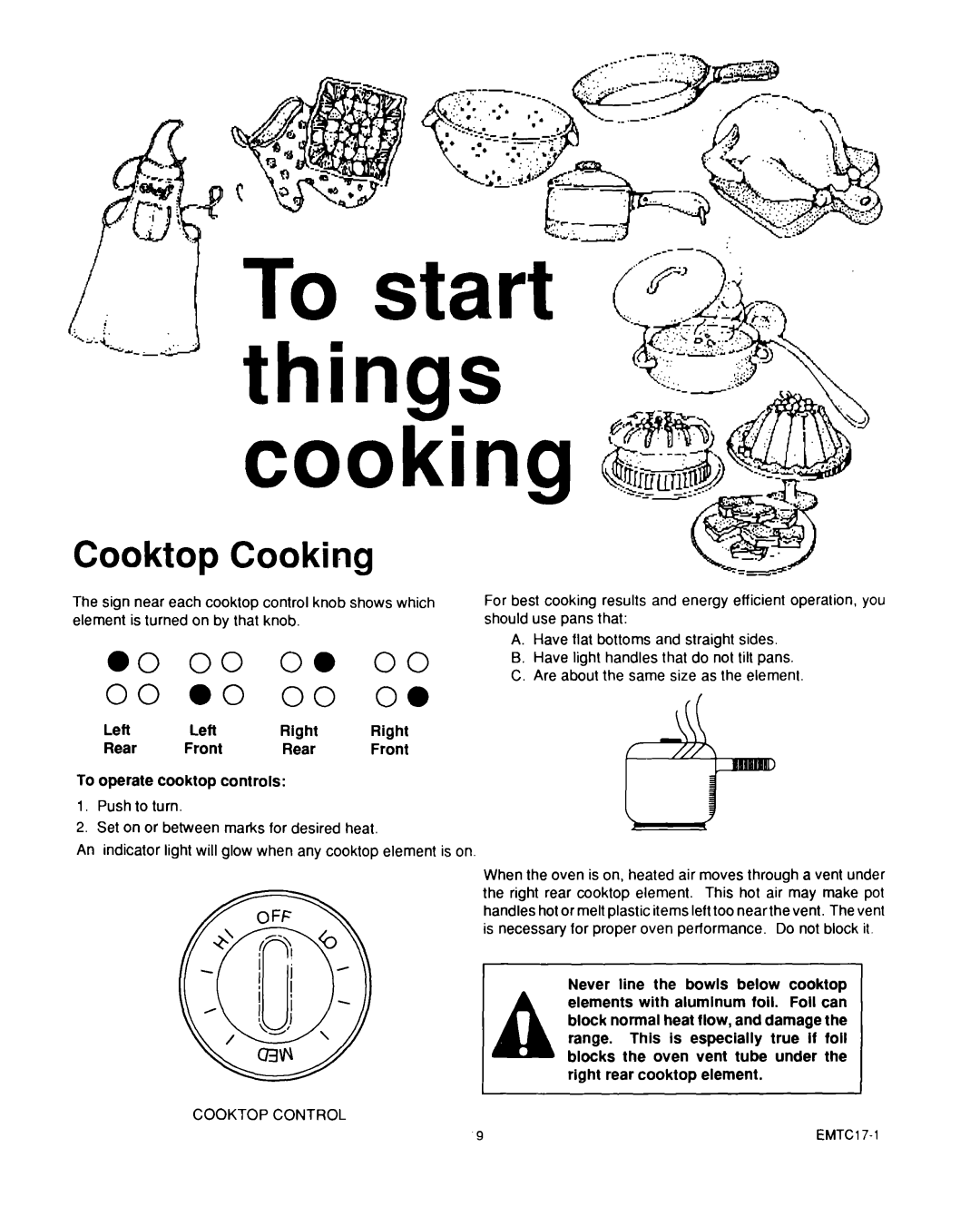 Roper D975 owner manual Cooktop Cooking, To start things cooking 