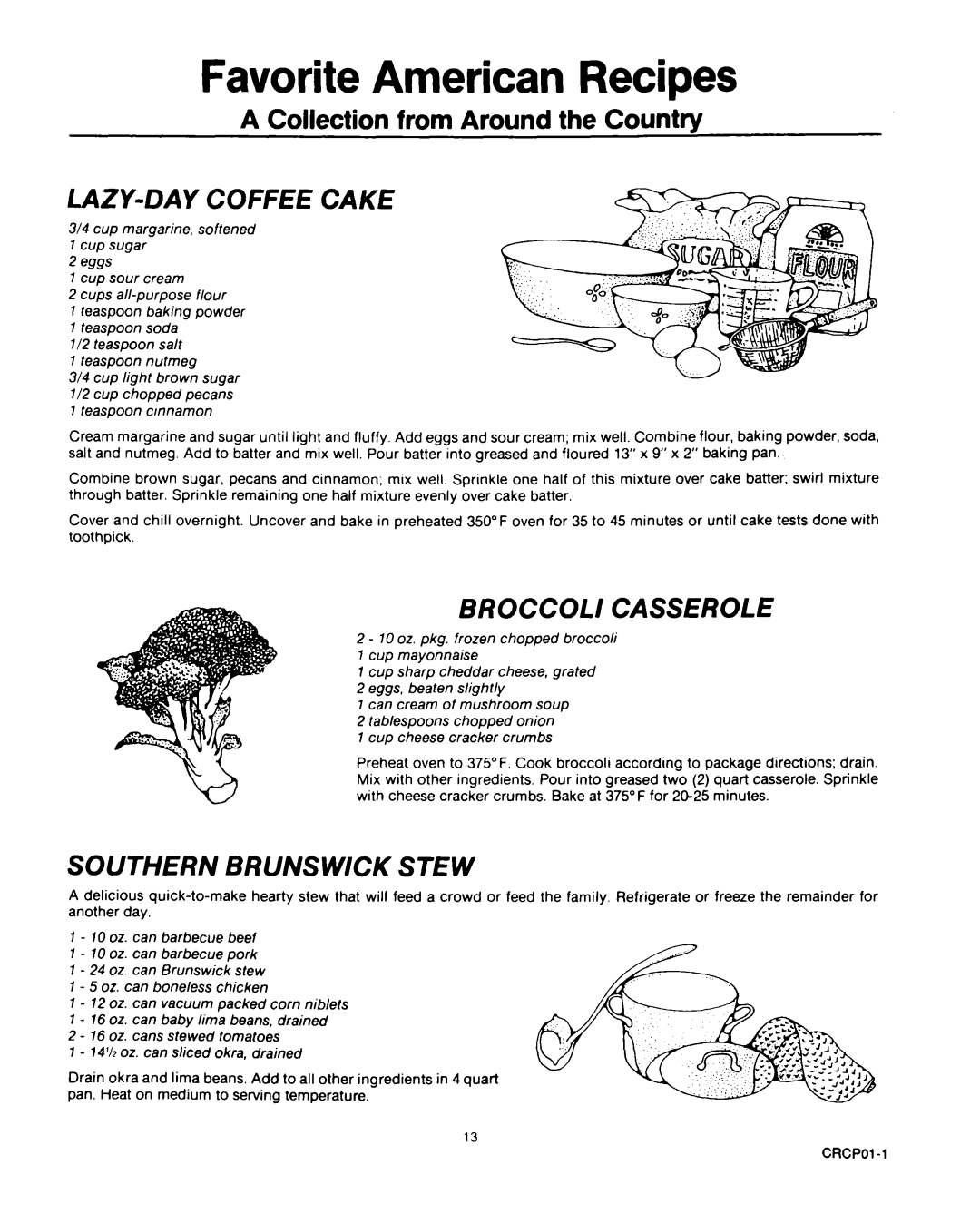 Roper D975 Favorite American Recipes, A Collection from Around the Country, Lazy-Daycoffee Cake, eggs, Broccoli Casserole 