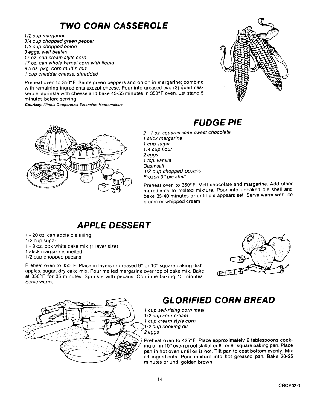 Roper D975 owner manual Two Corn Casserole, Fudge Pie, Apple Dessert, Glorified Corn Bread 