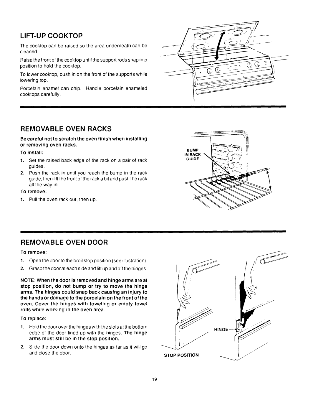 Roper D975 owner manual Lift-Upcooktop, Removable Oven Racks, Removable Oven Door 