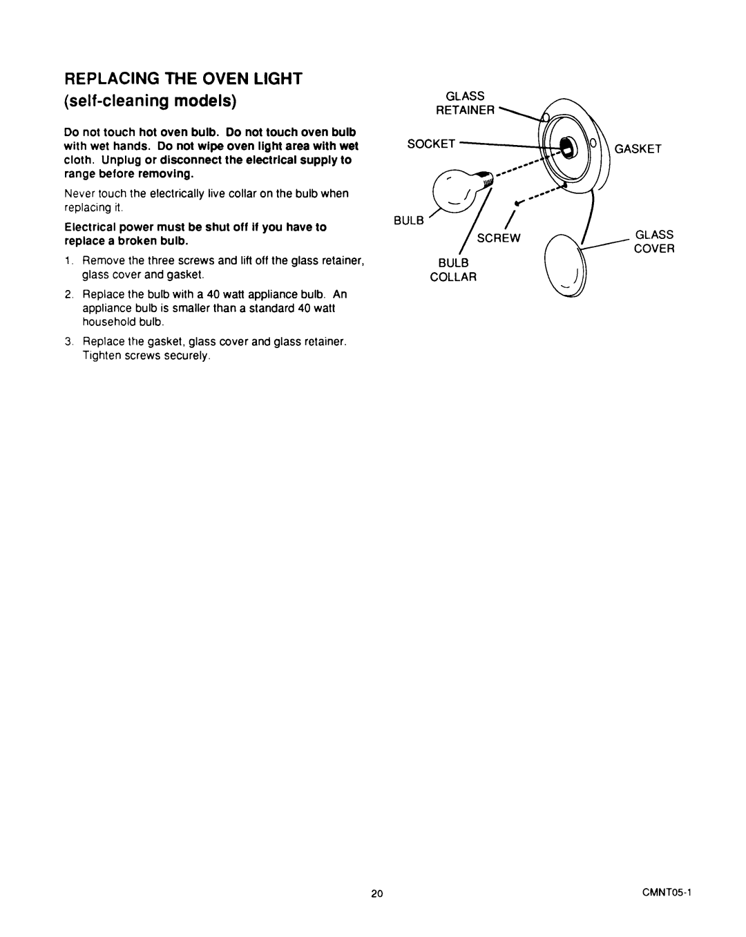 Roper D975 owner manual REPLACING THE OVEN LIGHT self-cleaningmodels 