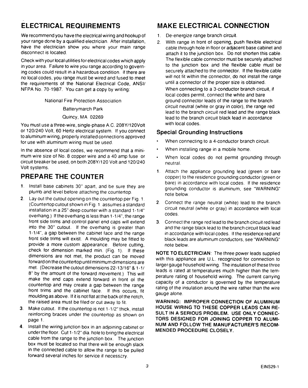 Roper D975 Electrical Requirements, Prepare The Counter, Make Electrical Connection, Special Grounding Instructions 