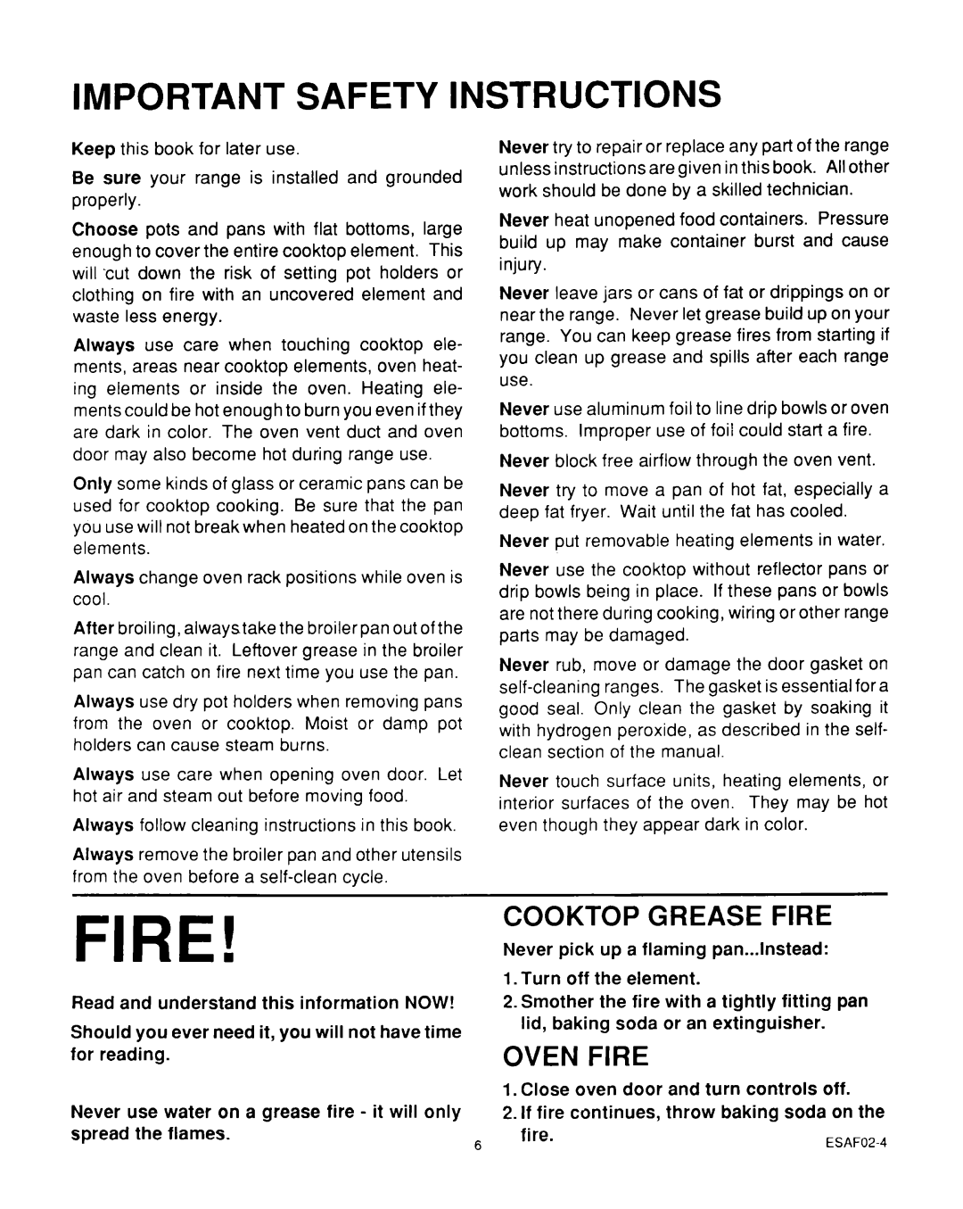 Roper D975 owner manual Important Safety Instructions, Cooktop Grease Fire, Oven Fire 
