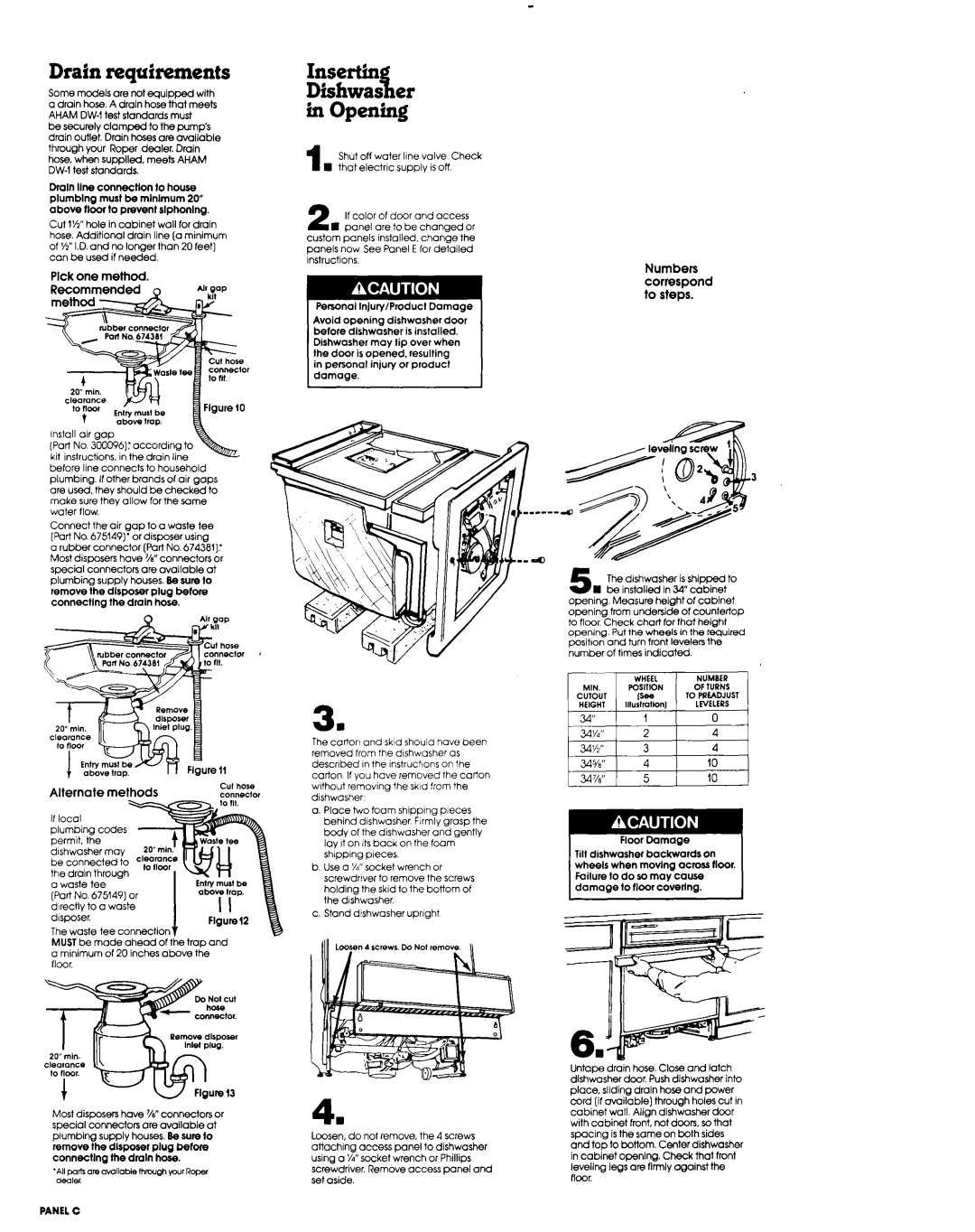 Roper Dishwasher installation instructions Drain requirements, Insertin Dishwas%er in Opening, Recommended 